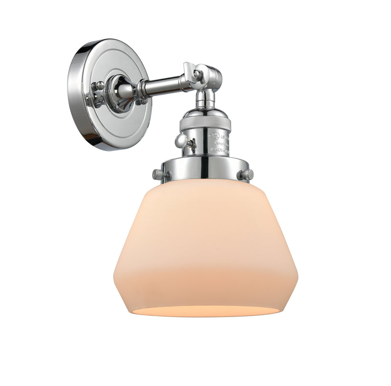 Innovations Lighting Fulton 1-100 watt 7 inch Polished Chrome Sconce with Matte White Cased glass and Solid Brass 180 Degree Adjustable Swivel With Engraved Cast Cup Includes a "High-Low-Off" Switch. 203SWPCG171