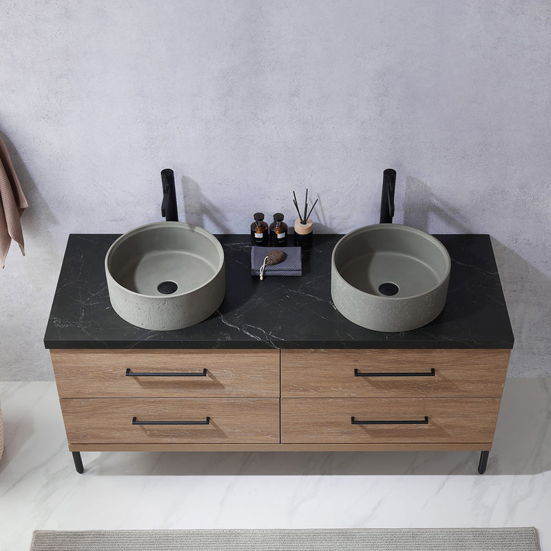 Trento 60" Double Sink-R Bath Vanity in North American Oak with Black Sintered Stone Top Circular Concrete Sink
