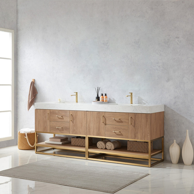 Alistair 84" Double Sink Bath Vanity Oak with White Grain Stone Countertop