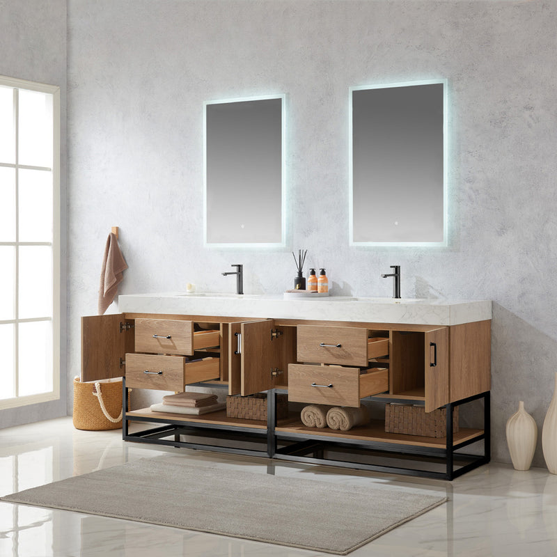 Alistair 84B" Double Sink Bath Vanity Oak with White Grain Stone Countertop