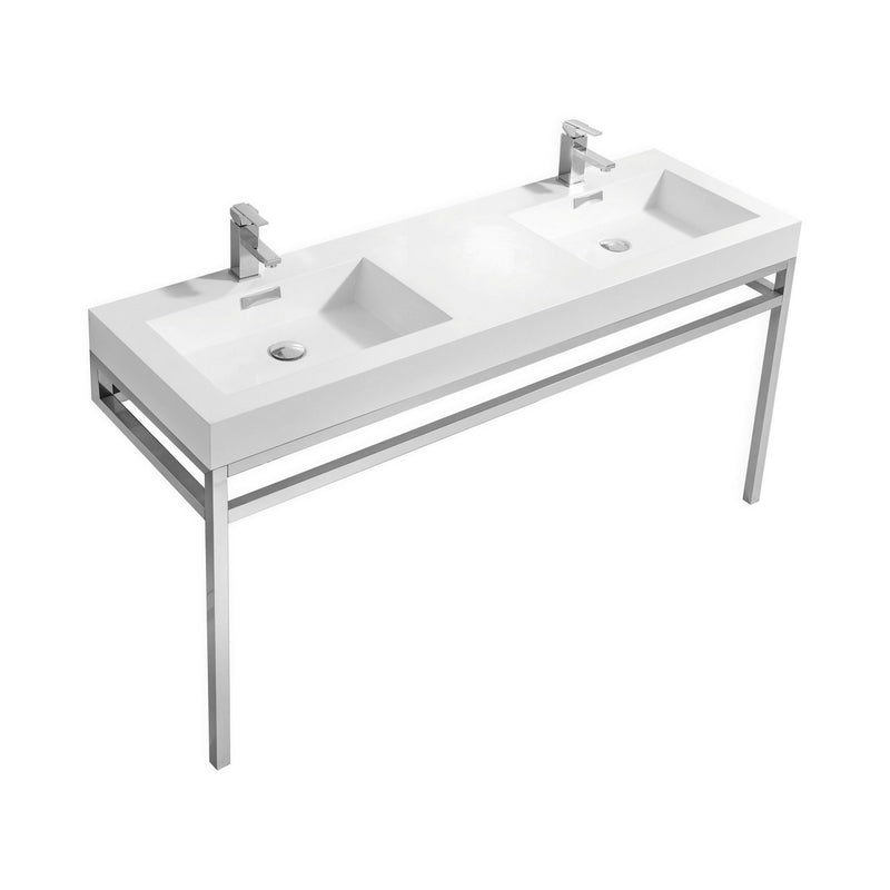 Kubebath Haus 60" Double Sink Stainless Steel Console with White Acrylic Sink - Chrome CH60D