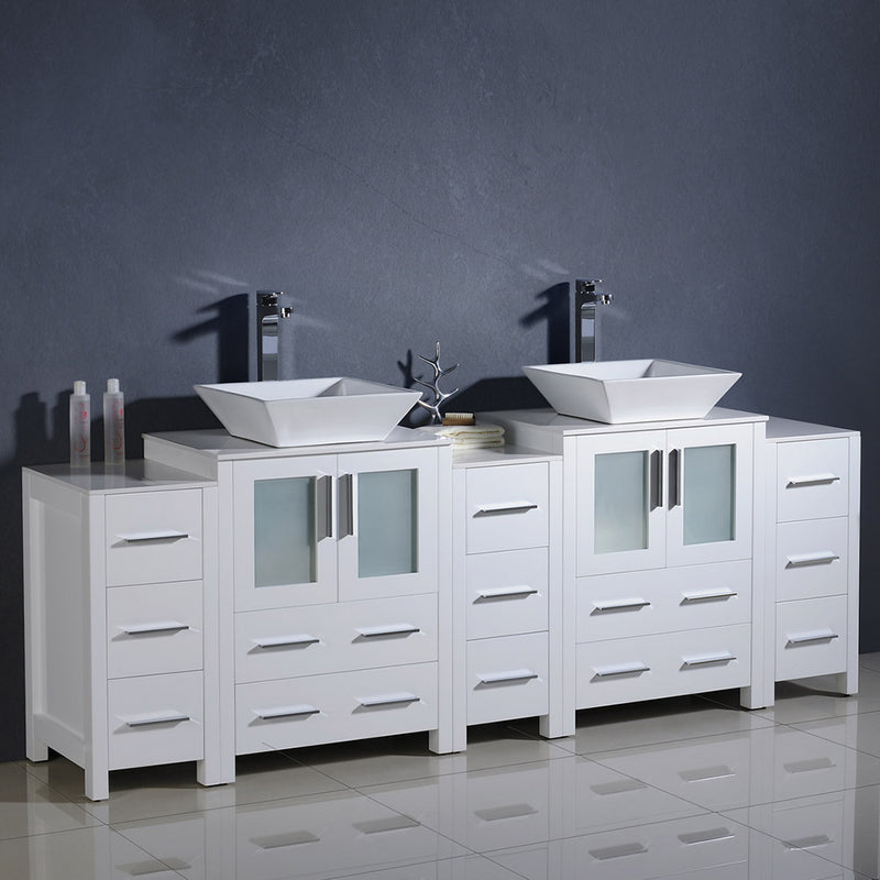Fresca Torino 84" White Modern Double Sink Bathroom Cabinets with Tops and Vessel Sinks FCB62-72WH-CWH-V