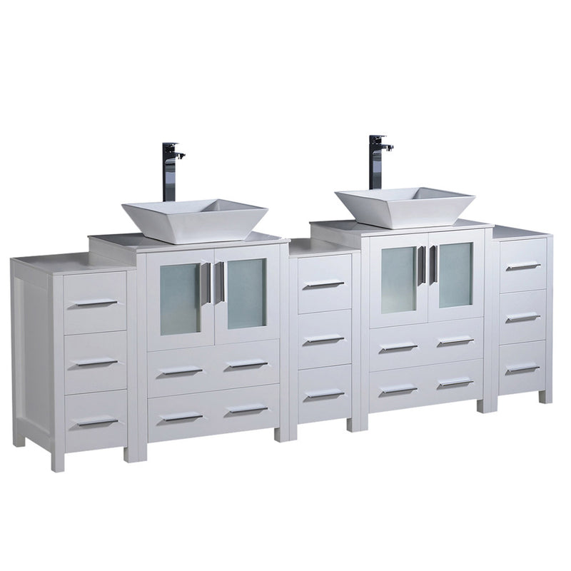 Fresca Torino 84" White Modern Double Sink Bathroom Cabinets w/ Tops & Vessel Sinks FCB62-72WH-CWH-V