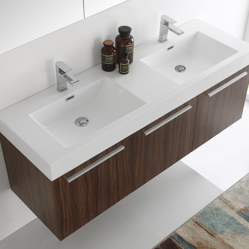 Fresca Vista 60" Walnut Wall Hung Double Sink Modern Bathroom Vanity with Medicine Cabinet FVN8093GW-D