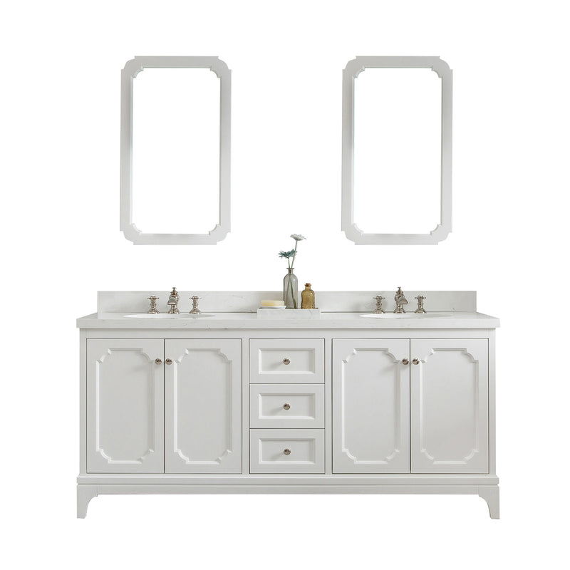 Water Creation Queen 72" Double Sink Quartz Carrara Vanity In Pure White with Matching Mirror and F2-0013-05-FX Lavatory Faucet QU72QZ05PW-Q21FX1305
