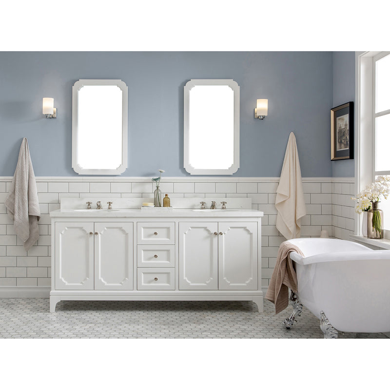 Water Creation Queen 72" Double Sink Quartz Carrara Vanity In Pure White with Matching Mirror and F2-0009-05-BX Lavatory Faucet QU72QZ05PW-Q21BX0905