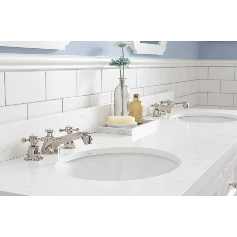 Water Creation Queen 72" Double Sink Quartz Carrara Vanity In Pure White with Matching Mirror and F2-0009-05-BX Lavatory Faucet QU72QZ05PW-Q21BX0905