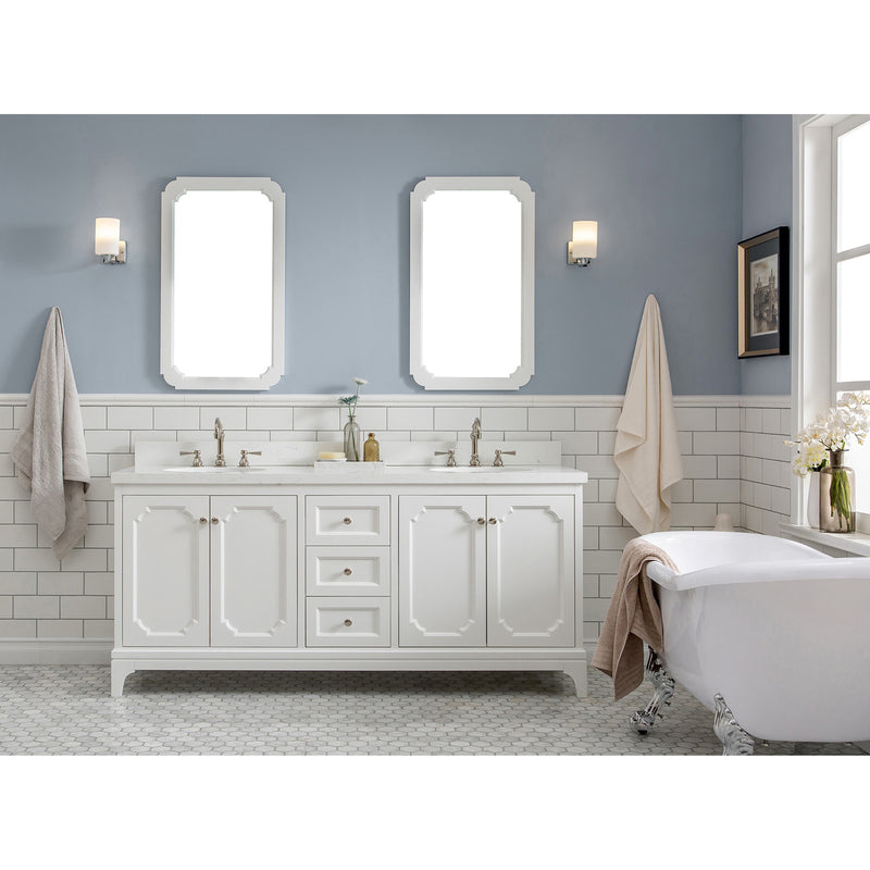 Water Creation Queen 72" Double Sink Quartz Carrara Vanity In Pure White with Matching Mirror and F2-0012-05-TL Lavatory Faucet QU72QZ05PW-Q21TL1205