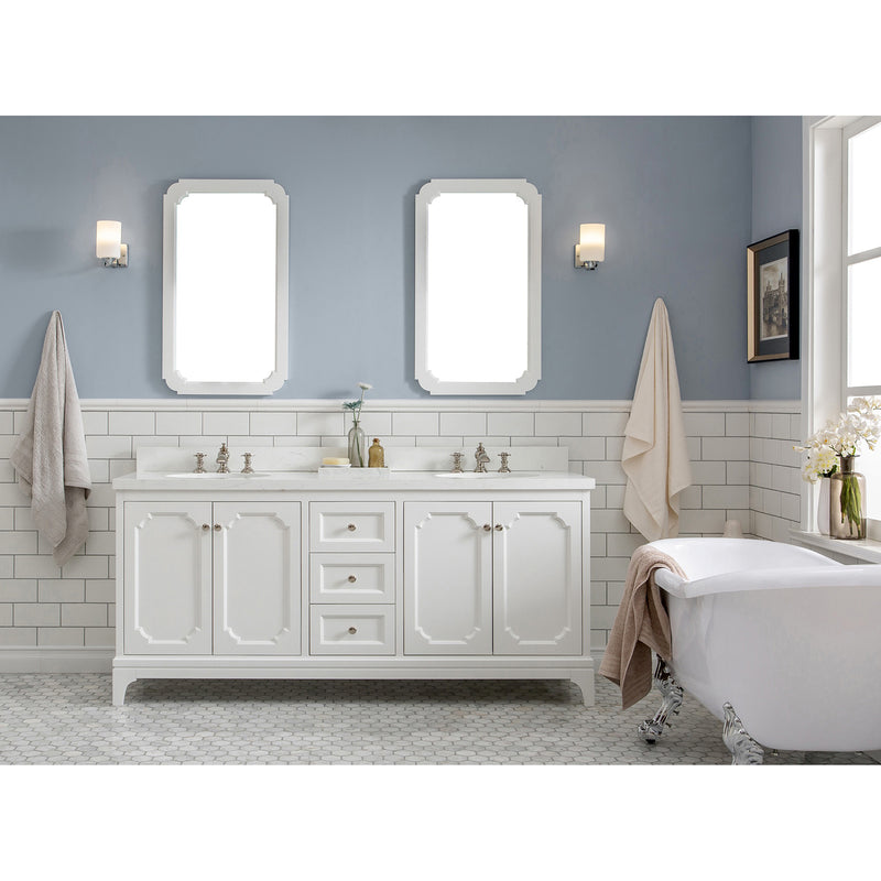 Water Creation Queen 72" Double Sink Quartz Carrara Vanity In Pure White with Matching Mirror and F2-0013-05-FX Lavatory Faucet QU72QZ05PW-Q21FX1305