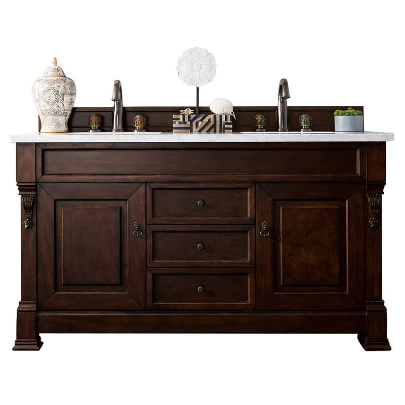 James Martin Brookfield 60" Burnished Mahogany Double Vanity with 3 cm Carrara Marble Top 147-114-5661-3CAR