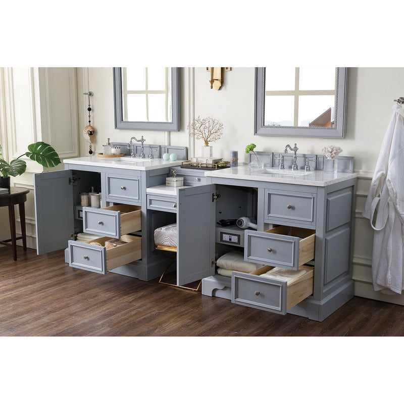 James Martin De Soto 94" Double Vanity Set Silver Gray with Makeup Table 3 cm Arctic Fall Solid Surface Top 825-V94-SL-DU-AF