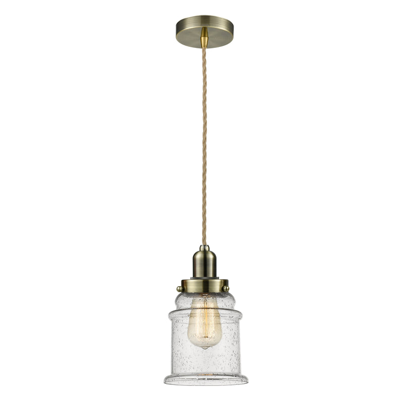 Canton Mini Pendant shown in the Antique Brass finish with a Seedy shade