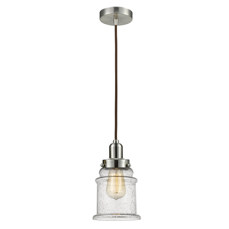 Canton Mini Pendant shown in the Satin Nickel finish with a Seedy shade