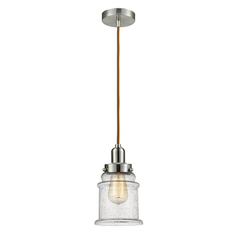 Canton Mini Pendant shown in the Satin Nickel finish with a Seedy shade