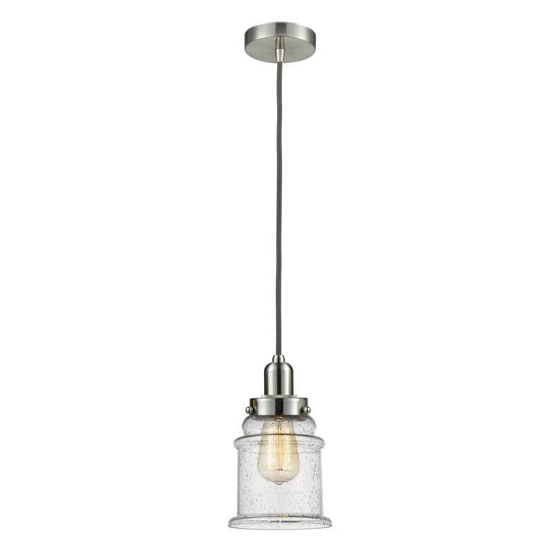 Canton Mini Pendant shown in the Satin Nickel finish with a Seedy shade