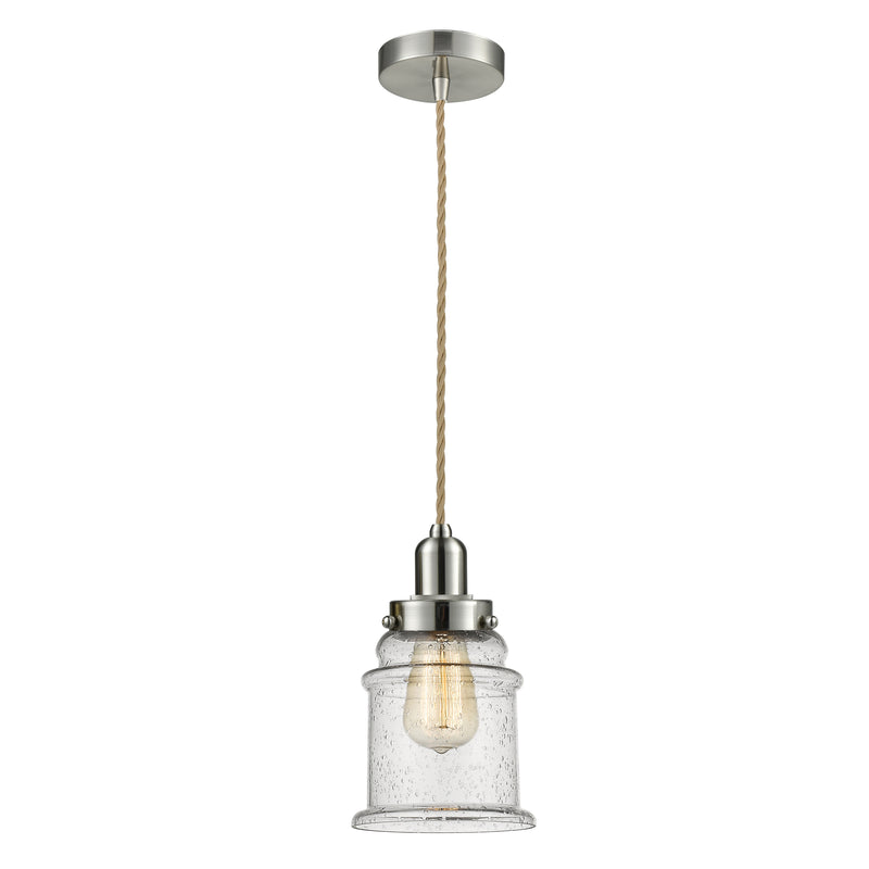 Canton Mini Pendant shown in the Satin Nickel finish with a Seedy shade