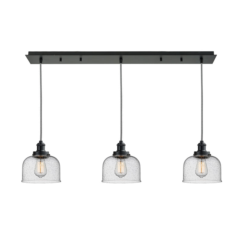 Bell Linear Pendant shown in the Matte Black finish with a Seedy shade