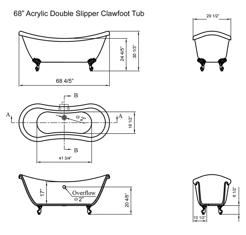 Cambridge Plumbing Acrylic Double Ended Slipper Bathtub 68" x 28" 7" Drillings PC Package