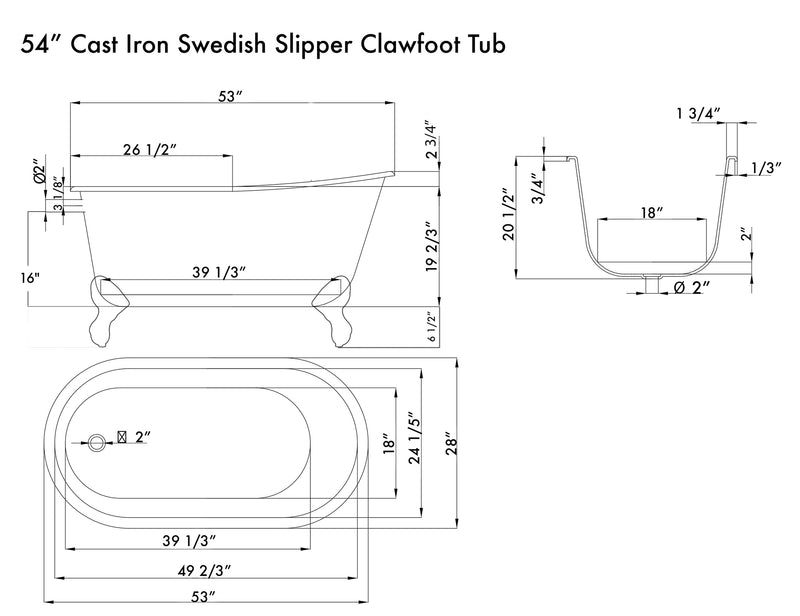 Cambridge Plumbing Cast Iron Swedish Slipper Tub 54" x 30" No Faucet Drillings PC Feet