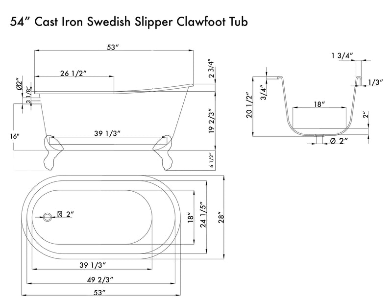 Cambridge Plumbing Cast Iron Swedish Slipper Tub 54" x 30" No Faucet Drillings BRZ Feet