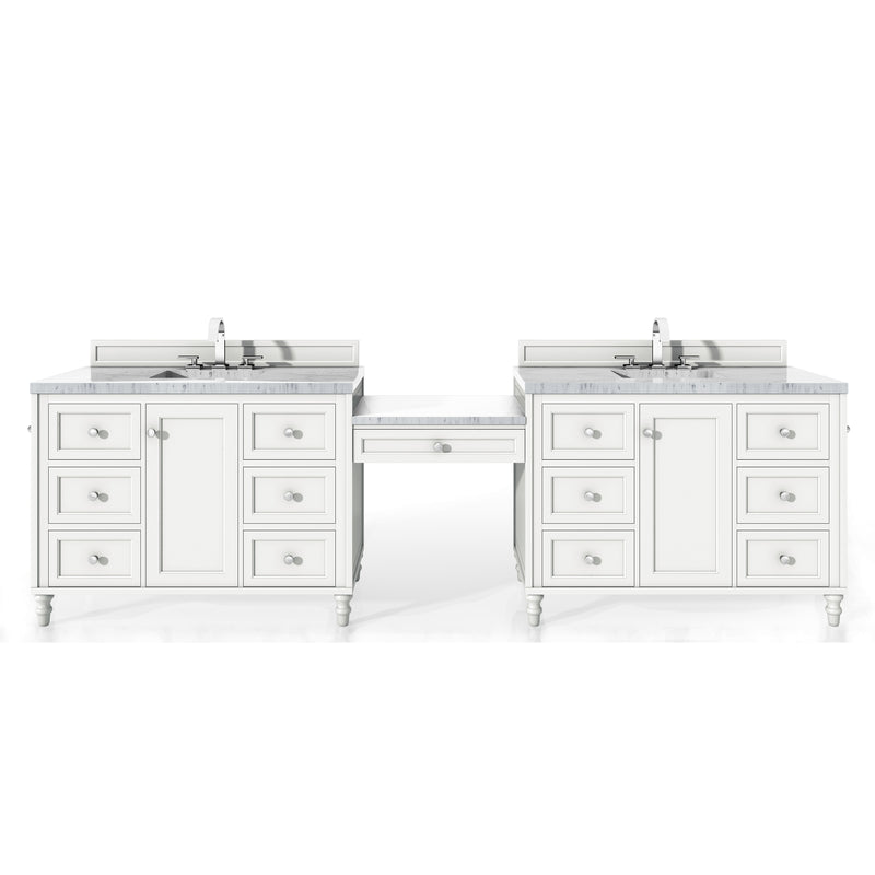 James Martin Copper Cove Encore 122" Double Vanity Set Bright White with Makeup Table 3 cm Arctic Fall Solid Surface Top 301-V122-BW-DU-3AF