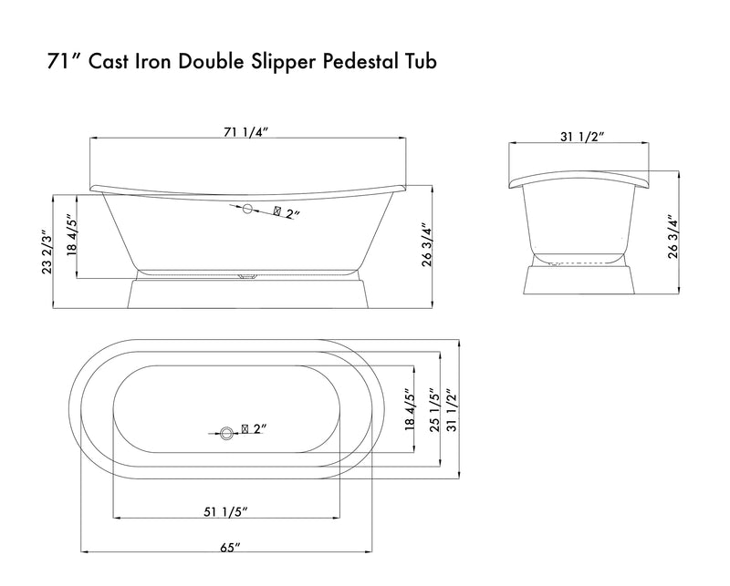 Cambridge Plumbing Cast Iron Double Ended Slipper Tub 71" x 30" No Drillings BN Package