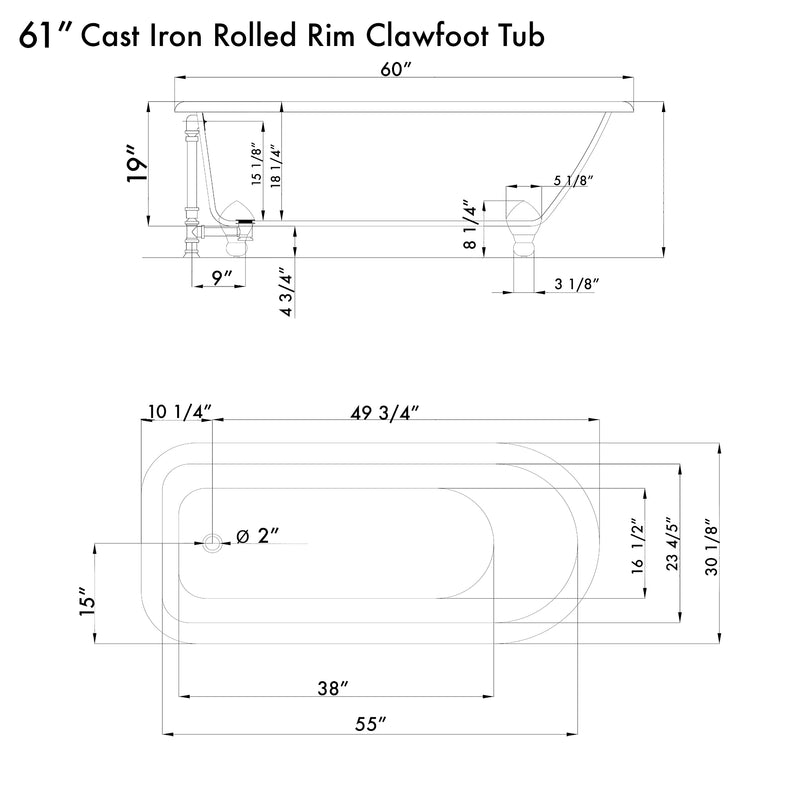 Cambridge Plumbing Cast Iron Rolled Rim Clawfoot Tub 61" x 30" Complete Oil Rub BRZ Package