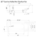 Cambridge Plumbing Cast Iron Rolled Rim Clawfoot Tub 61" x 30" No Faucet Drillings BRZ Feet