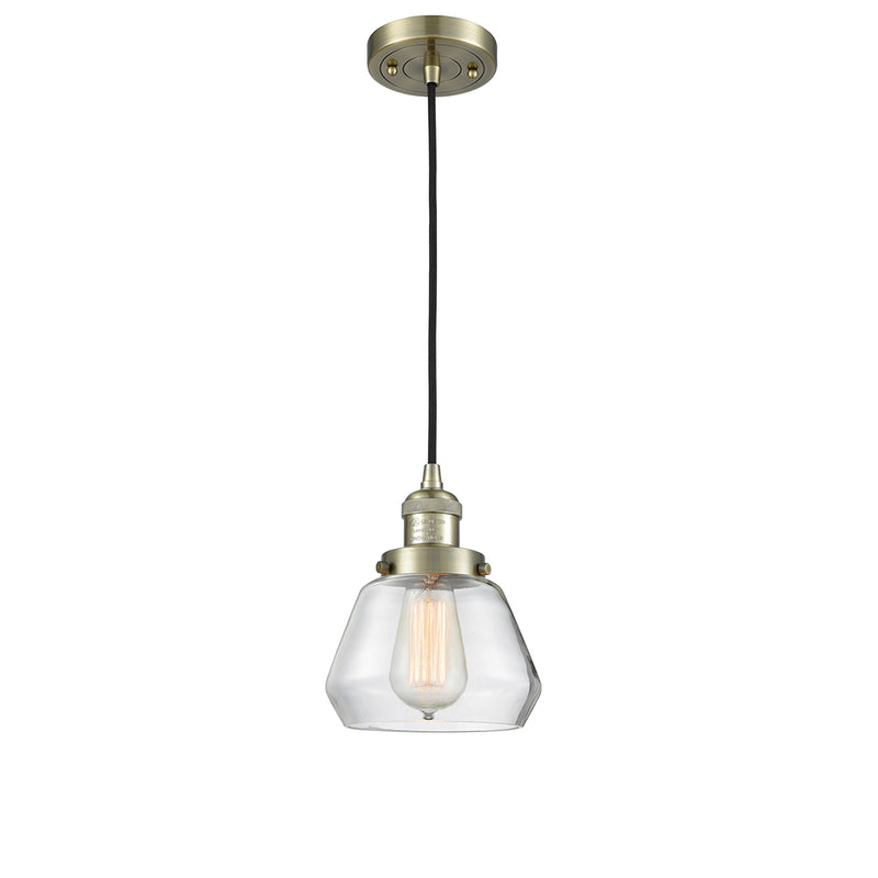 Fulton Mini Pendant shown in the Antique Brass finish with a Clear shade