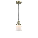 Canton Mini Pendant shown in the Antique Brass finish with a Matte White shade