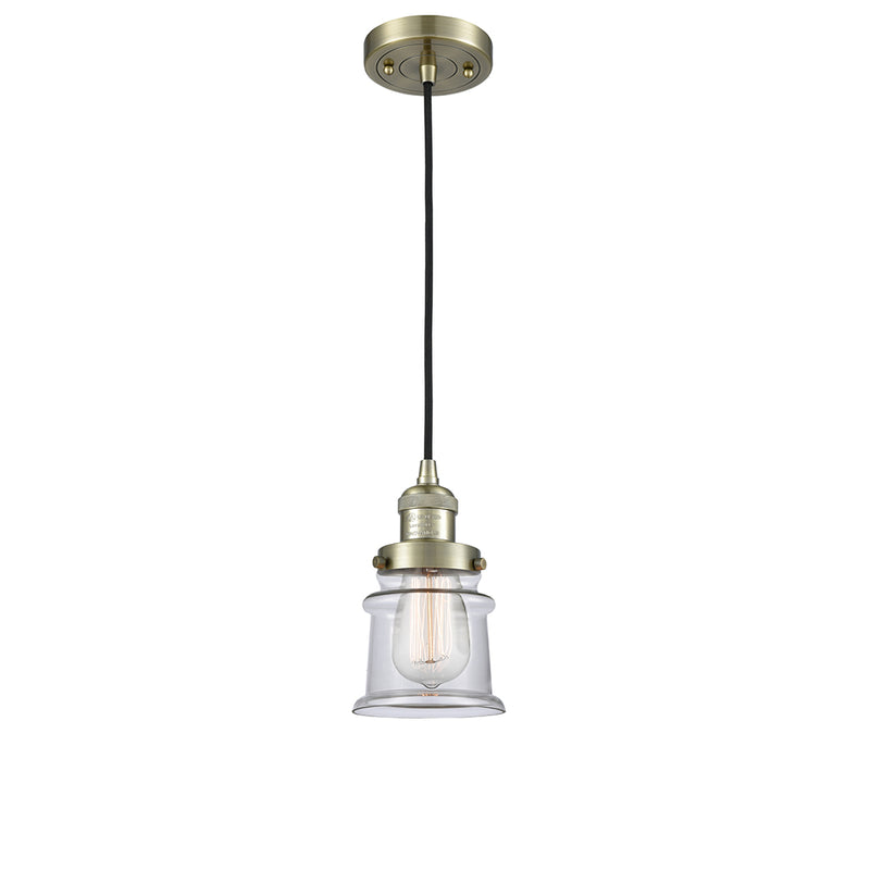 Canton Mini Pendant shown in the Antique Brass finish with a Clear shade