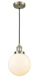 Innovations Lighting Beacon 1-100 watt 8 inch Antique Brass Mini Pendant with Matte White Cased glass 201CABG2018