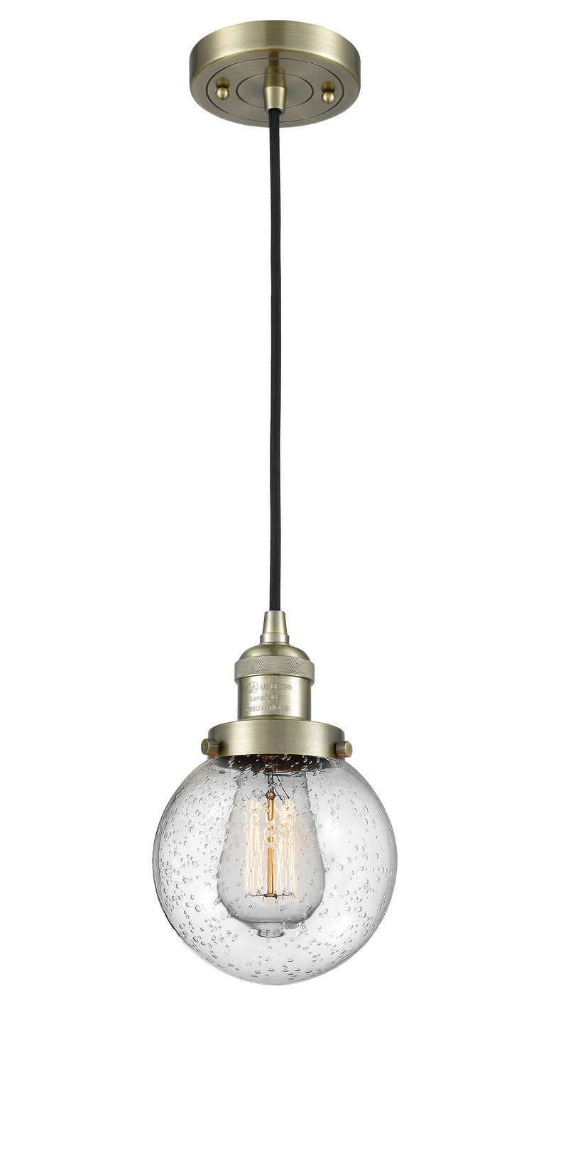 Innovations Lighting Beacon 1-100 watt 6 inch Antique Brass Mini Pendant with Seedy glass 201CABG2046