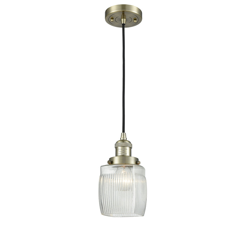 Colton Mini Pendant shown in the Antique Brass finish with a Clear Halophane shade