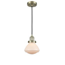 Olean Mini Pendant shown in the Antique Brass finish with a Matte White shade