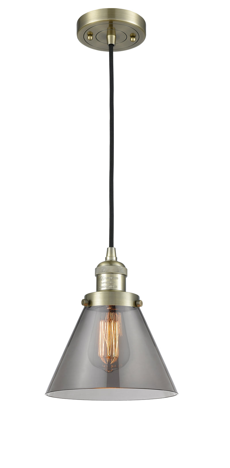 Innovations Lighting Large Cone 1-100 watt 8 inch Antique Brass Mini Pendant with Smoked glass 201CABG43