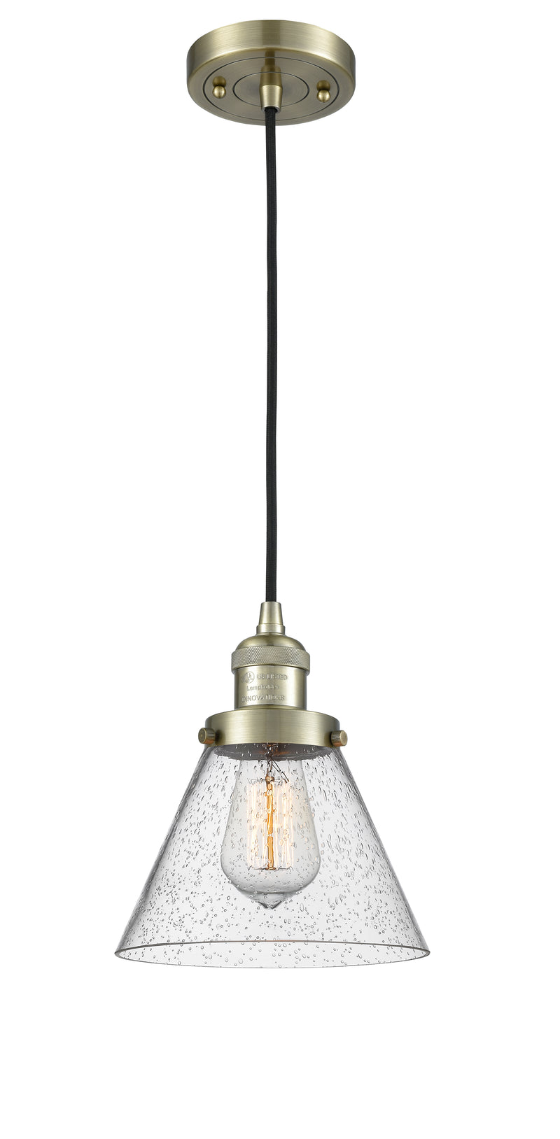 Innovations Lighting Large Cone 1-100 watt 8 inch Antique Brass Mini Pendant with Seedy glass 201CABG44