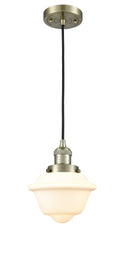 Innovations Lighting Small Oxford 1-100 watt 8 inch Antique Brass Mini Pendant with Matte White Cased glass 201CABG531