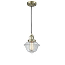 Oxford Mini Pendant shown in the Antique Brass finish with a Clear shade