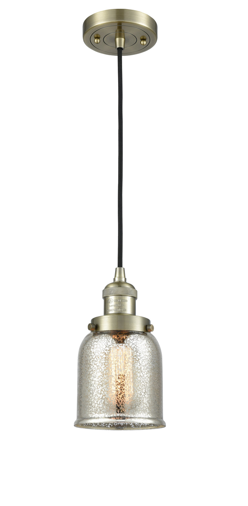Innovations Lighting Small Bell 1-100 watt 5 inch Antique Brass Mini Pendant with Silver Plated Mercury glass 201CABG58