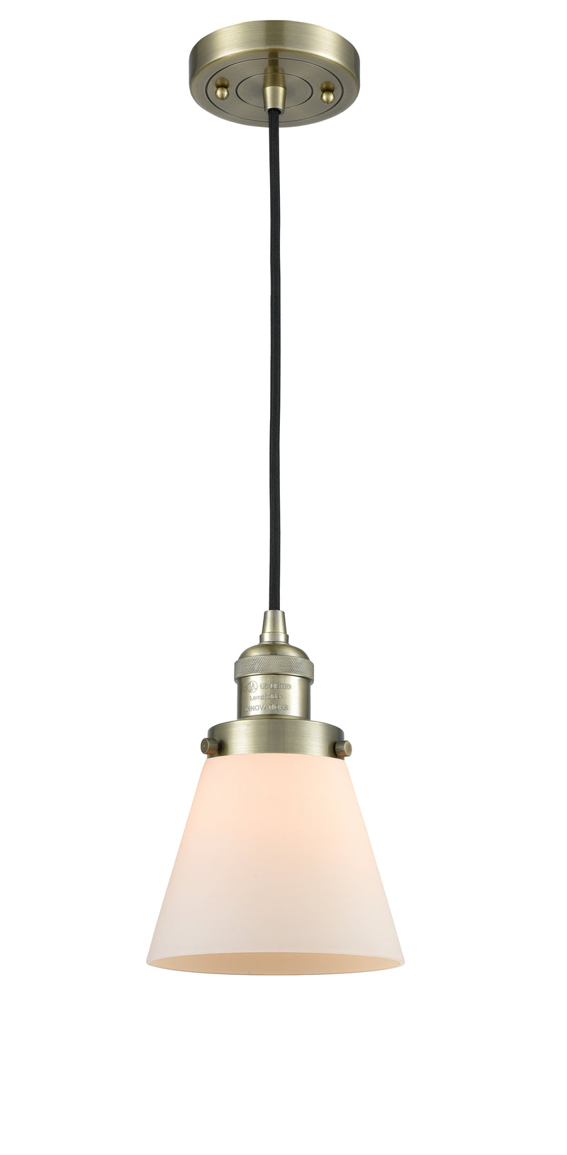 Innovations Lighting Small Cone 1-100 watt 6 inch Antique Brass Mini Pendant with Matte White Cased glass 201CABG61