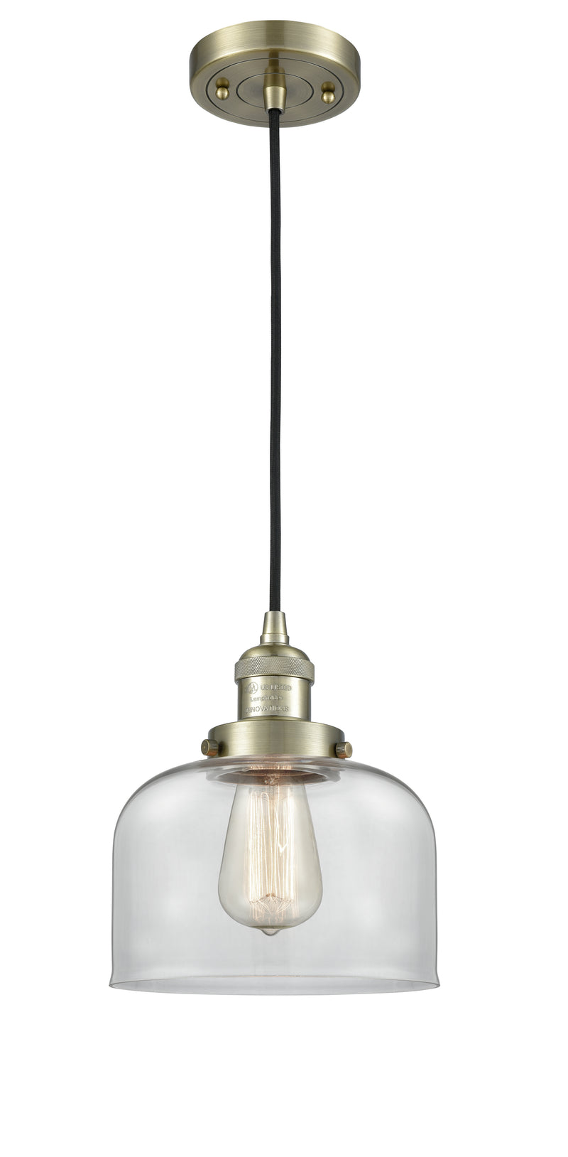 Innovations Lighting Large Bell 1-100 watt 8 inch Antique Brass Mini Pendant with Clear glass 201CABG72