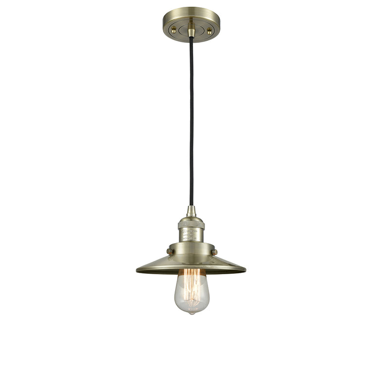 Railroad Mini Pendant shown in the Antique Brass finish with a Antique Brass shade