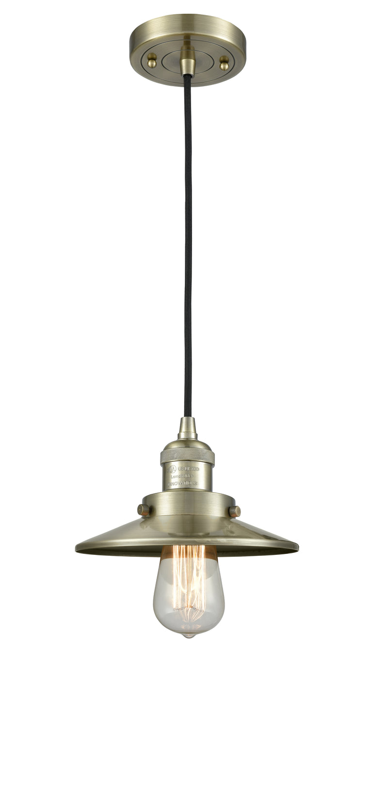 Innovations Lighting Railroad 1-100 watt 8 inch Antique Brass Mini Pendant with Antique Brass Railroad shades  201CABM4