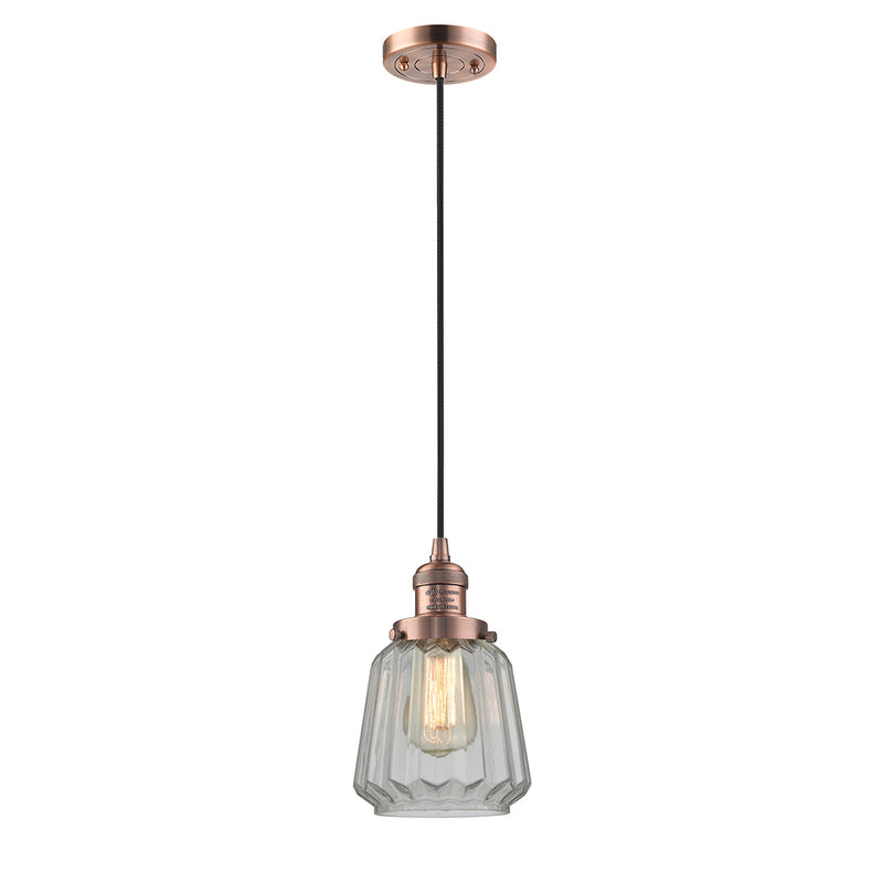 Chatham Mini Pendant shown in the Antique Copper finish with a Clear shade