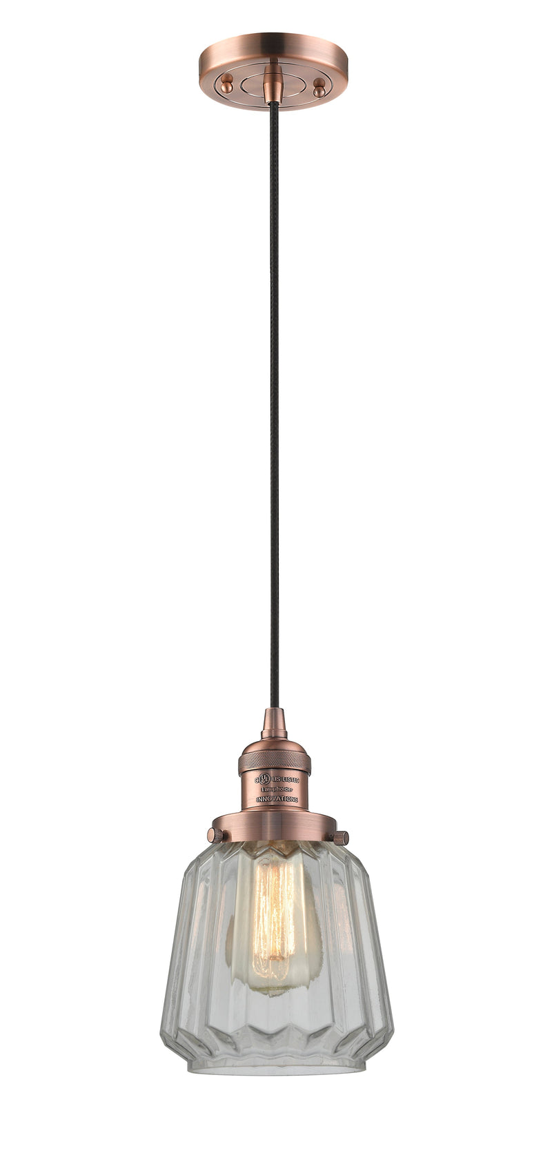 Innovations Lighting Chatham 1-100 watt 6" Antique Copper Mini Pendant with Clear Fluted glass 201CACG142
