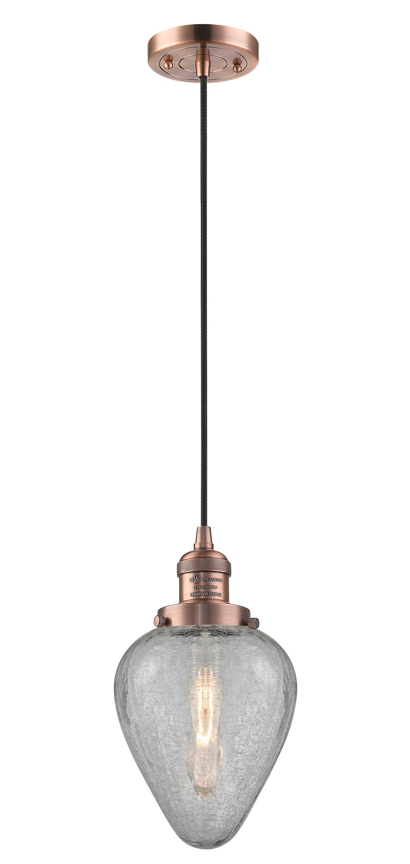 Innovations Lighting Geneseo 1-100 watt 6.5 inch Antique Copper Mini Pendant with Clear Crackle glass 201CACG165