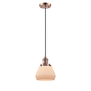 Fulton Mini Pendant shown in the Antique Copper finish with a Matte White shade