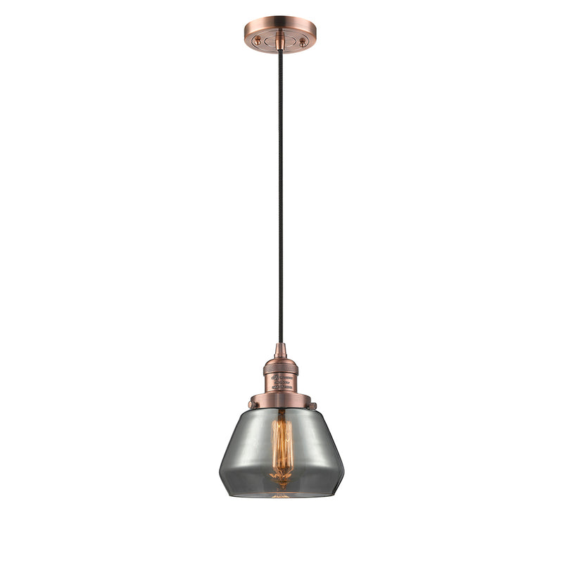 Fulton Mini Pendant shown in the Antique Copper finish with a Plated Smoke shade