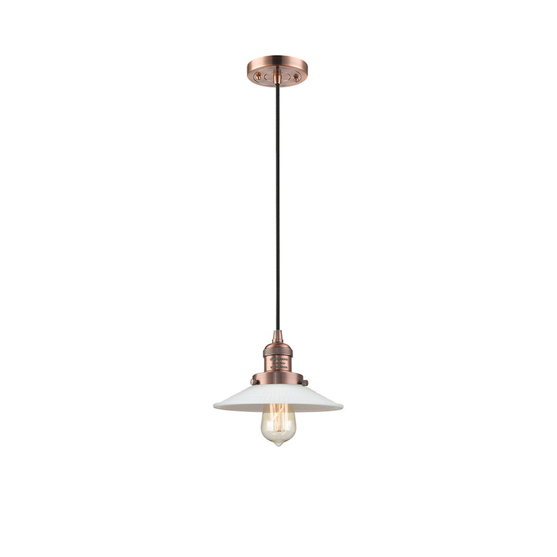 Halophane Mini Pendant shown in the Antique Copper finish with a Matte White Halophane shade